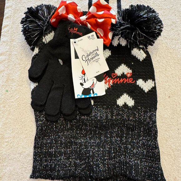Disney Minnie Mouse Kids Knit Hat & Gloves/OSFM/Black NWT - Picture 1 of 2